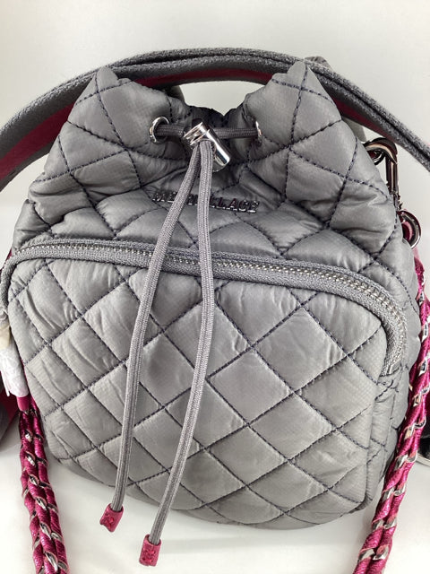 NWT Mz Wallace Medium Nylon Greyw/ Pink Accents Cross Body Bucket Bag.