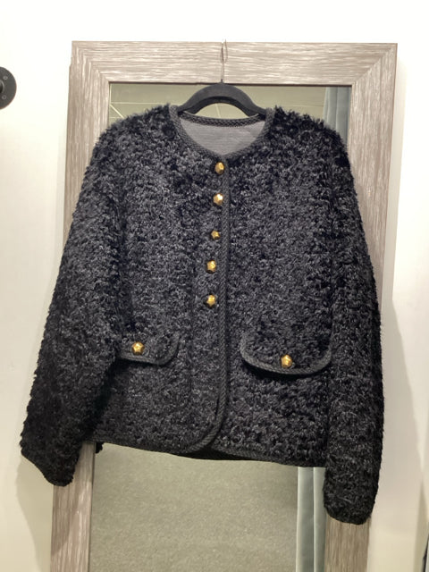 Chic Black Teddy Bear Faux Fur Jacket W Gold Buttons. Size M/L