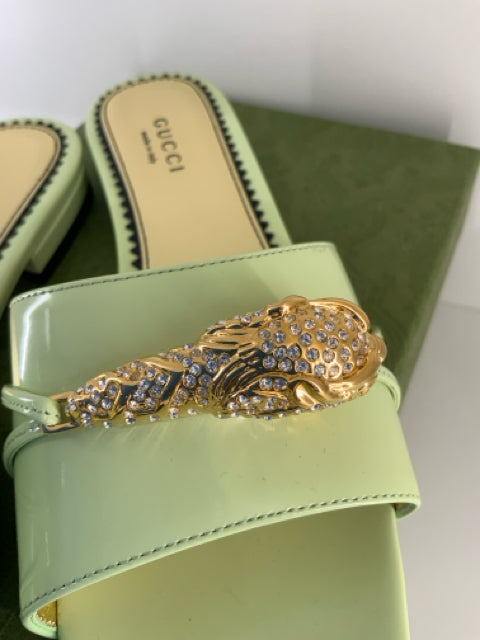 NIB Gucci Sz 36 Pistachio Leather w/ Regent Tiger Slides Shoes