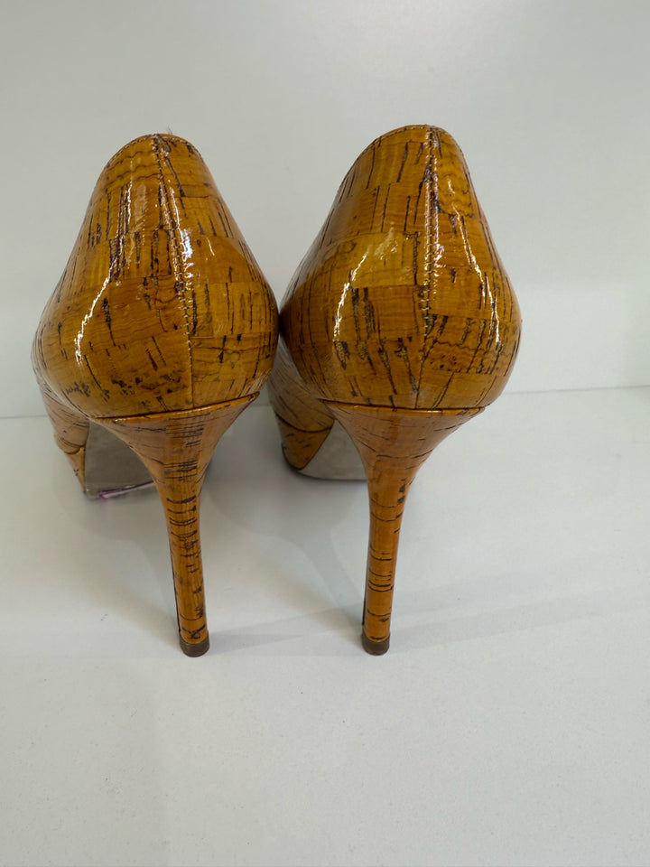 Sergio Rossi Coated Cork Peep Toe Pump 4" Heel Shoes Sz 37.5
