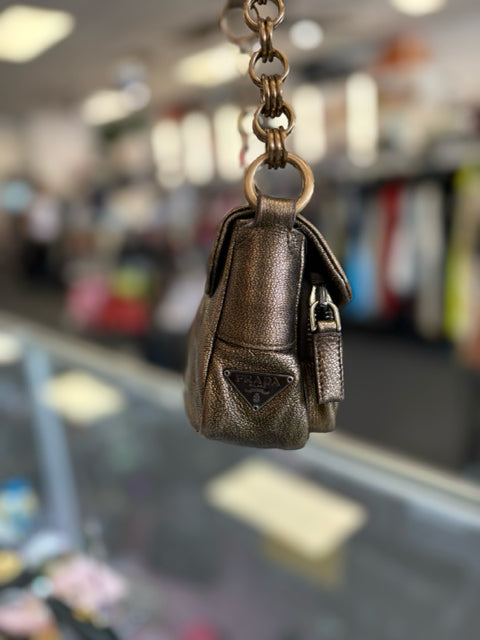 Prada Shoulder Bag Leather Metallic Bronze w/ Dust Bag