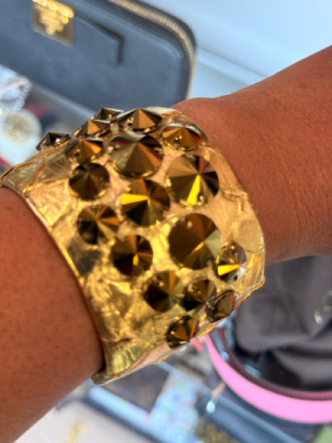 TED ROSSI gold Leather nyc scaled w/ studs Cuff  Bracelet