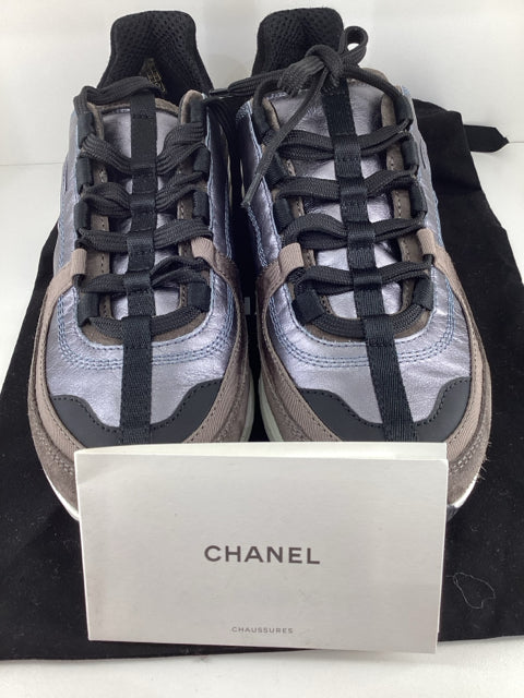 Pre Owned Chanel Sneaker Trainer Size 37.5 in a rare brown metallic colorway, complete with original dustbags.