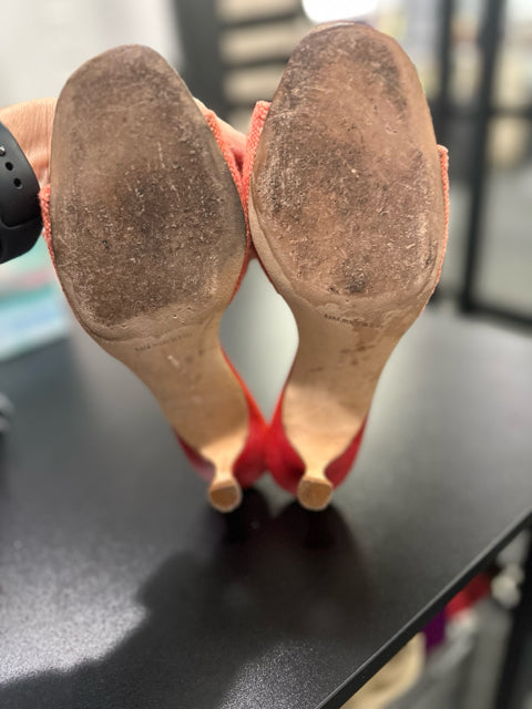 Manolo Blahnik Sz 39 Orange Kitten Heels Sandals Shoe