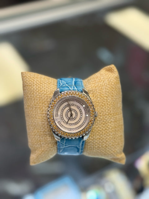 HIDALGO Amber Crystal Bezel/Circle CZs MOP w/2 blue bands Wristwatch