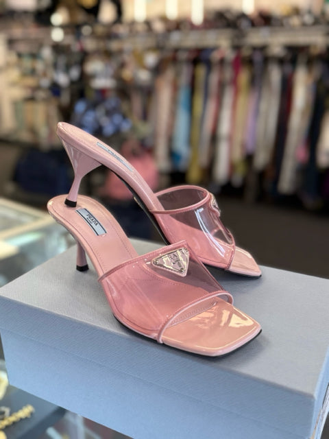 NIB Prada Sz 39.5 Alabastro Plexi & Patent Slide Mule Kitten Heel Shoe Pre Loved