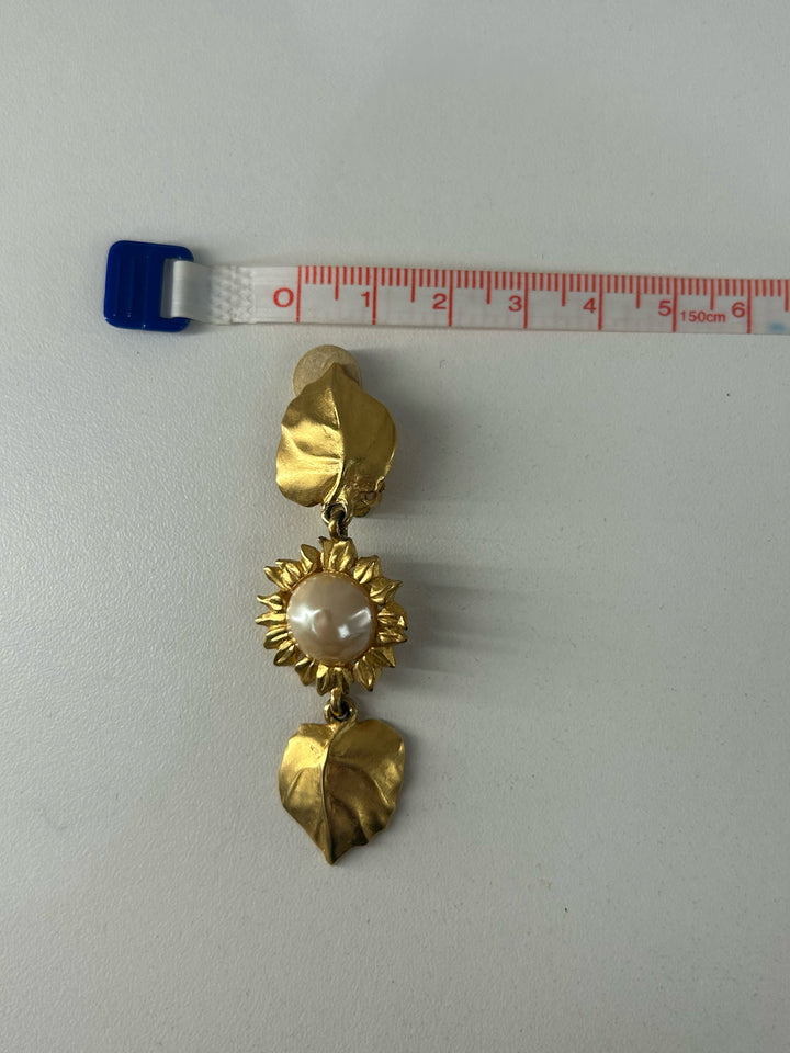 Vintage Karl Lagerfeld Clip On Matte Gold 2" Double Leaf Earrings
