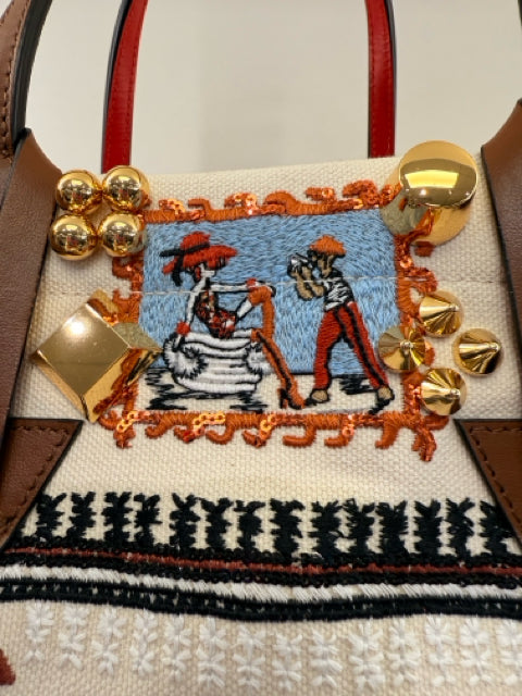 Pre Owned Christian Louboutin Tan Canvas Greekaba Embrd Crossbody w/ Dustbag Designer