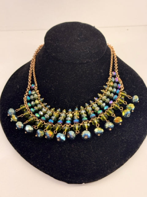Pre Owned ALI KHAN NY Gold Tone teal, Green & Turq Stones Borealis Necklace