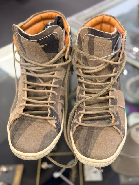 Saint Laurent Sz 7 Camo Suede Fringe Sneakers w/ Dustbag