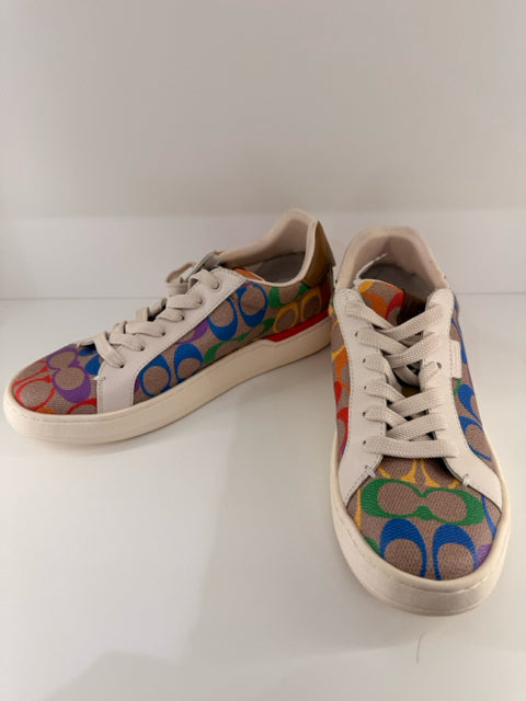 Pre Owned Coach Sz 6 lace up multicolor coated canvas sneakers