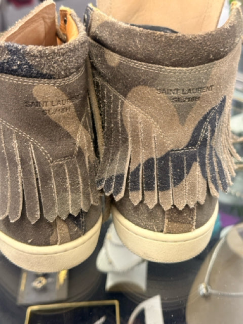 Saint Laurent Sz 7 Camo Suede Fringe Sneakers w/ Dustbag
