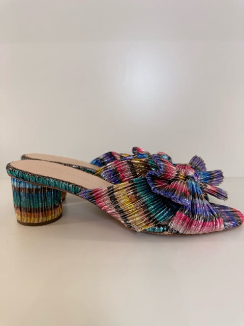 Pre Owned Loeffler Randall Sz 7 Metallic Rainbow 2" Heel Slide Shoes w/ Bow