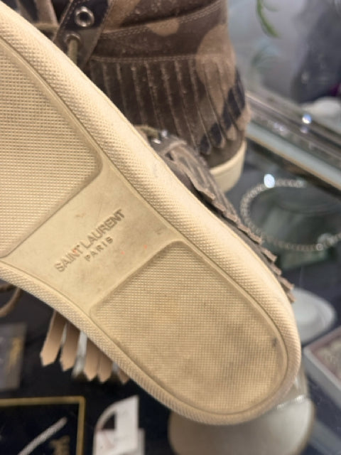 Saint Laurent Sz 7 Camo Suede Fringe Sneakers w/ Dustbag