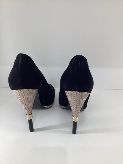 Sz 40 Chanel Multi Media Black Suede Satin Heels Pumps Shoes