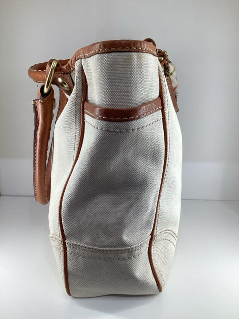 Pre Owned Coach Beige Leather handles w/coach logo and C logo scarf Tote Bag.