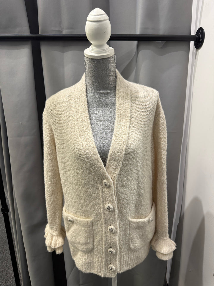 Chanel 24K L/S V Neck Cashmere/ Wool Bell Slv Cardigan