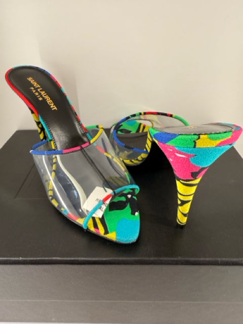 Yves Saint Laurent Sz 7.5 Multi Color w/ Clear Front  Mules Shoes