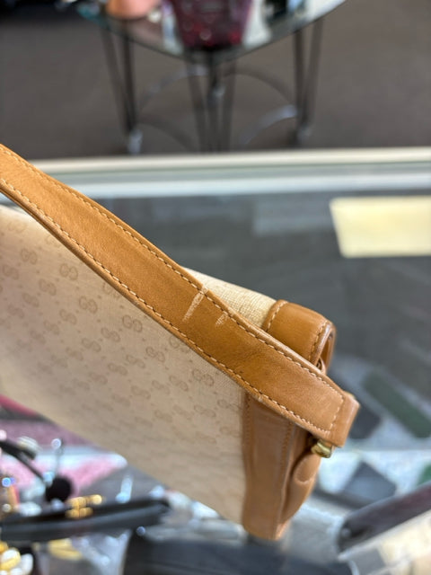 Gucci Vintage GG Cream Micro Guccissima w Tan Leather Crossbody Mini Tote Handbag