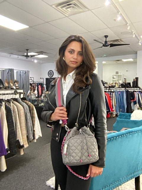 NWT Mz Wallace Medium Nylon Greyw/ Pink Accents Cross Body Bucket Bag.