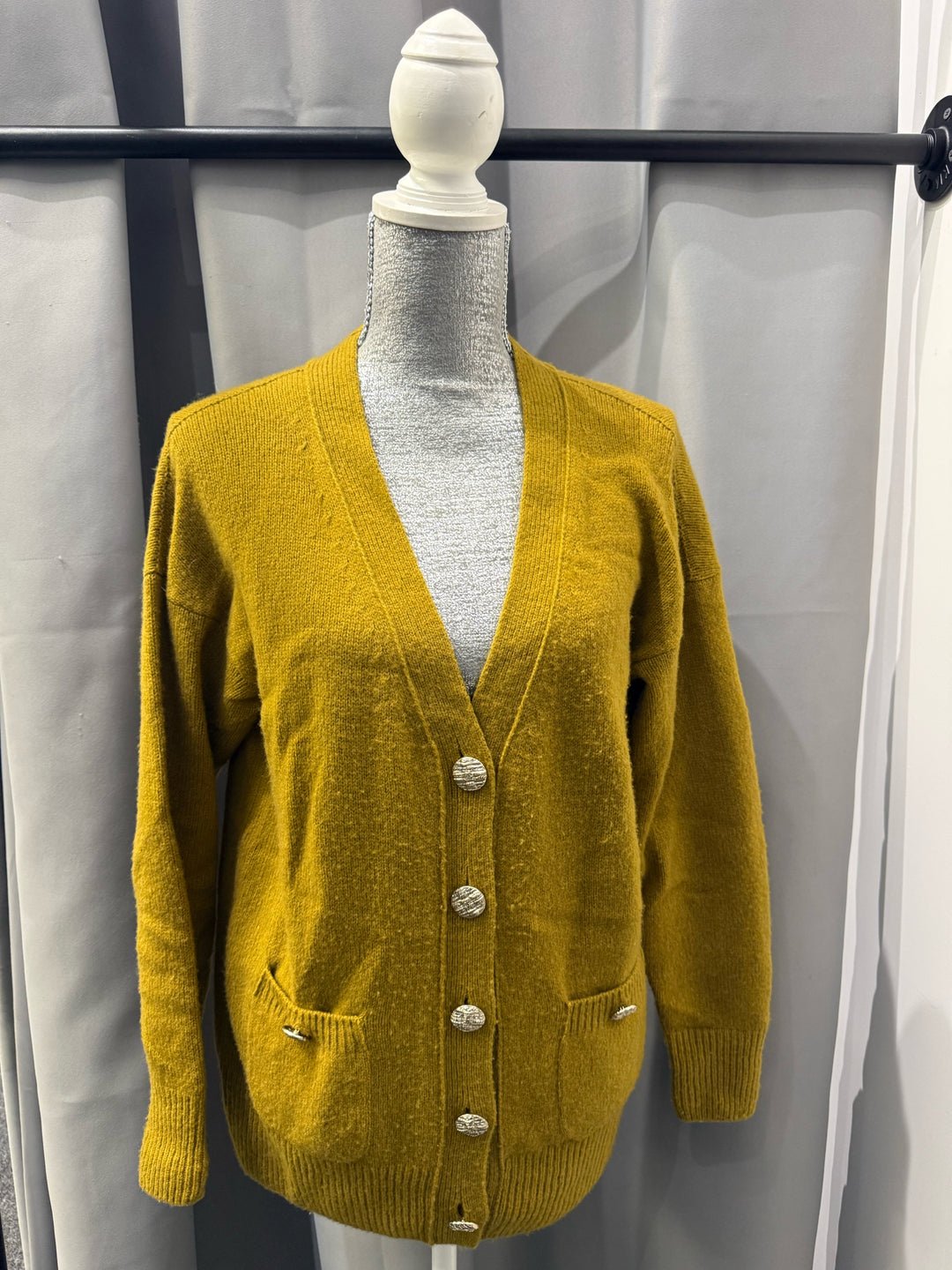 Chanel 22K V Neck Mustard Wool Cardigan Size 34