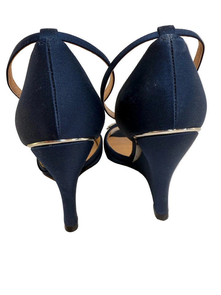 Nina Navy Wedge Satin Sandles Sz 8