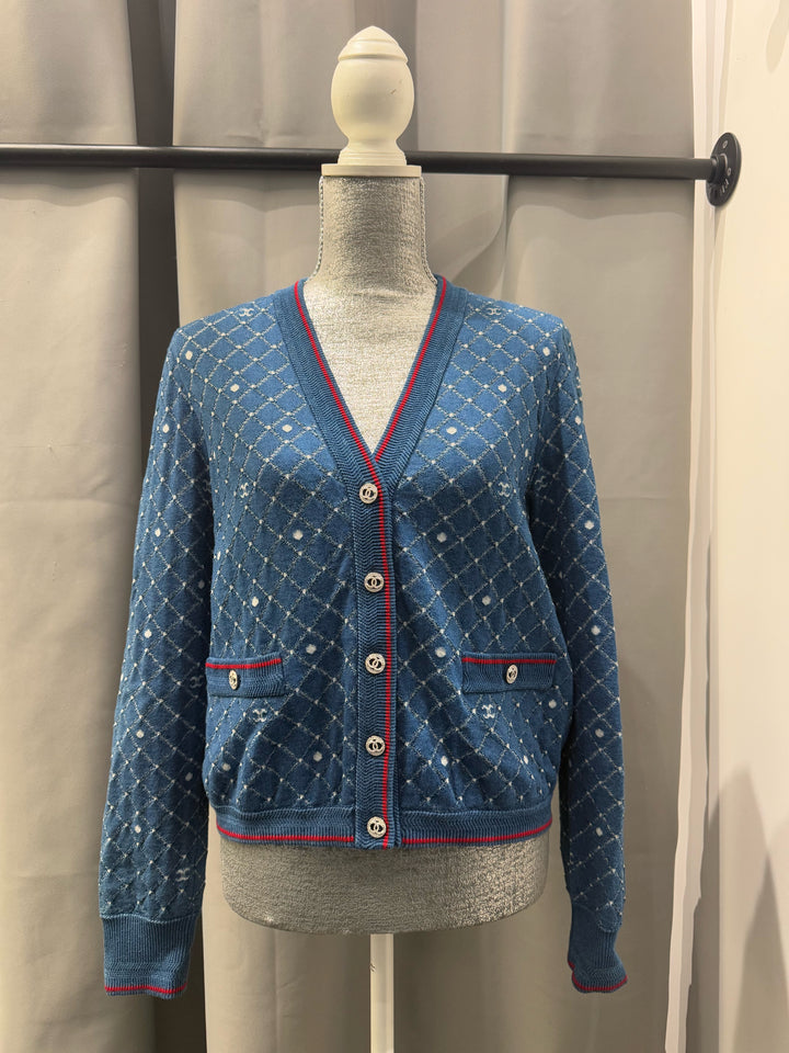 Chanel 20P Red Trim CC Rhinestone Buttons Cardigan Size 40