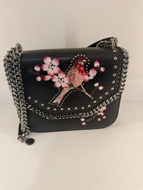 Pre Owned Stella Mccartney Black Vegan Leather Xbody Embroidered Bird/Floral W/ Dustbag