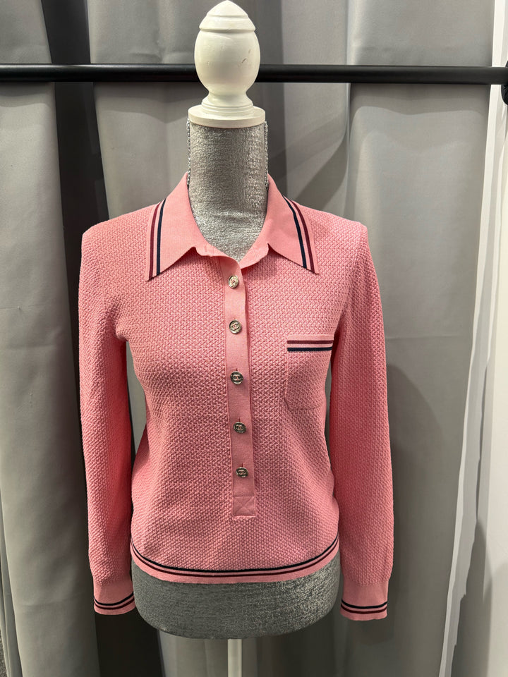 Chanel 2023 Paris-Daker L/S Textured Knit Polo Top Sz 38