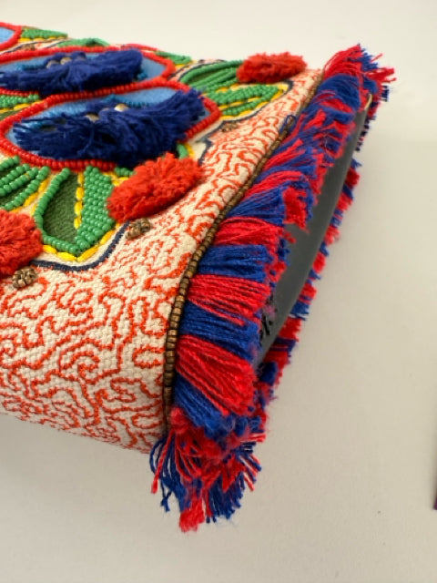 Pre Owned Tory Burch Fold Over Bead and Tassel Clutch Bag.