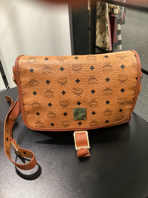 MCM Tan and Black Leather Messenger with gold front buckle Designer Bag