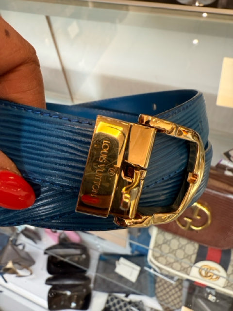 Louis Vuitton 85/34 epi bright blue gold buckle Belt