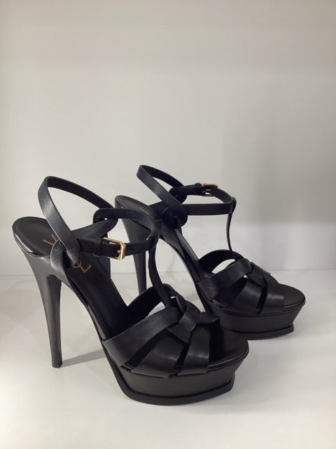 Sz 38 Yves Saint Laurent Black Tribute Leather Heels Sandals Shoes