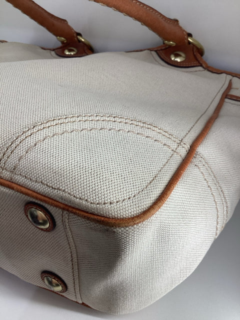 Pre Owned Coach Beige Leather handles w/coach logo and C logo scarf Tote Bag.