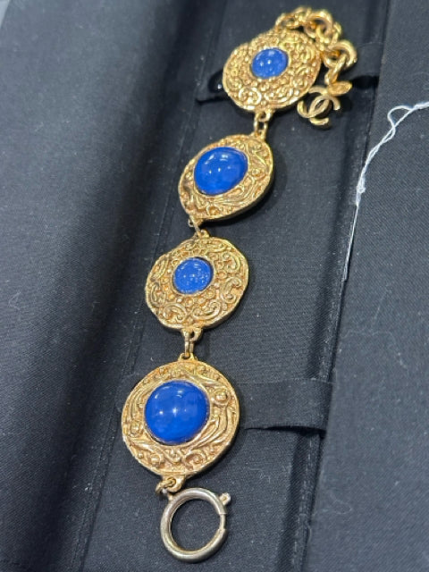 Vintage Chanel Blue & Gold Baroque bracelet 4-blue Gripoix glass cabochons IN BOX Bracelet