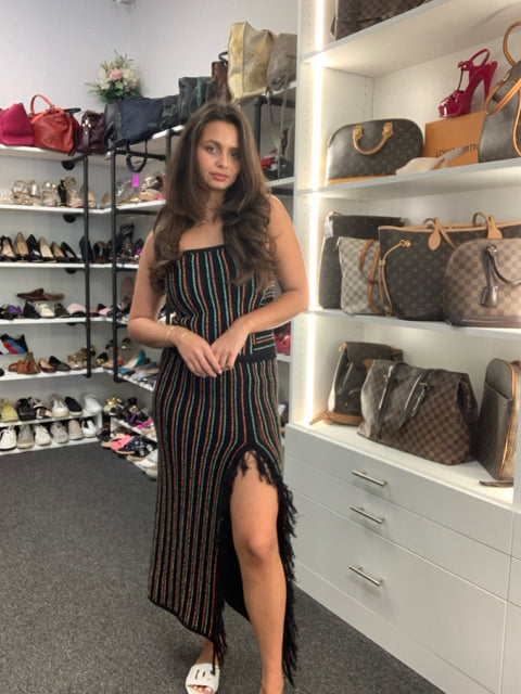 Pre Owned Celendine 2 Piece Black Strapless w/ Orange + Blue Stripe Sz S Set