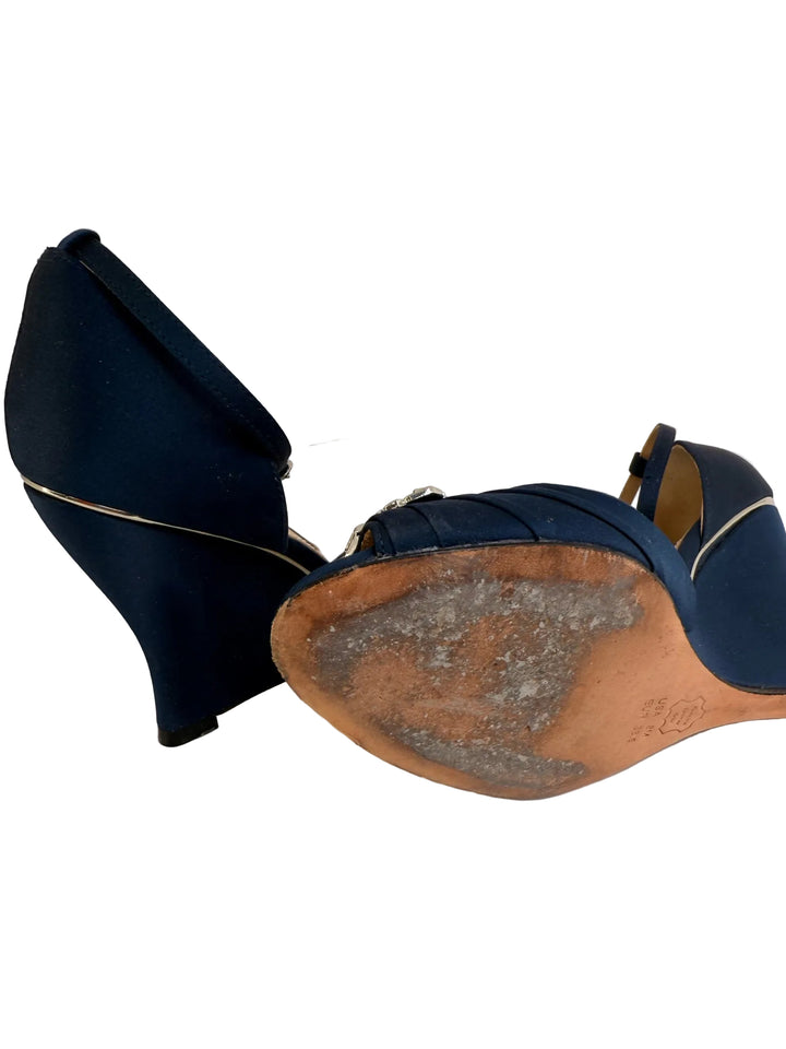 Nina Navy Wedge Satin Sandles Sz 8