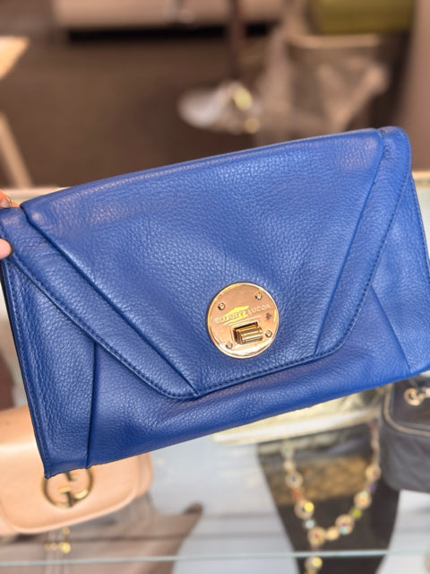 Elliot Lucca Blue Leather Clutch Bag w/ Gold Twist Lock Front Closure