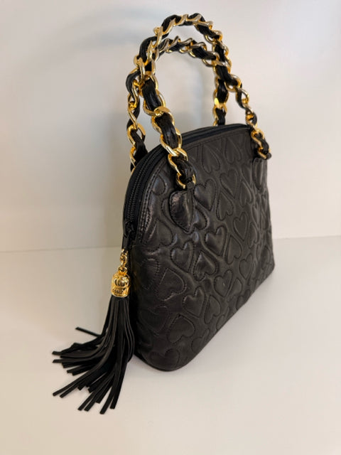 Cosci Black Leather Bag Purse W/ 2 Gold Chain Metal Handle