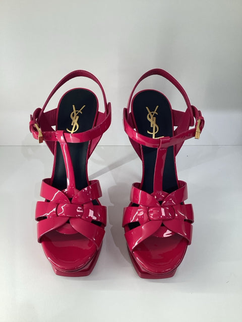 Sz 38 Yves Saint Laurent Fuschia Tribute Patent Leather Sandals Shoes w/ box