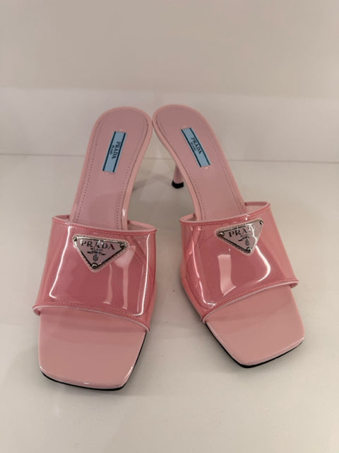 NIB Prada Sz 39.5 Alabastro Plexi & Patent Slide Mule Kitten Heel Shoe Pre Loved