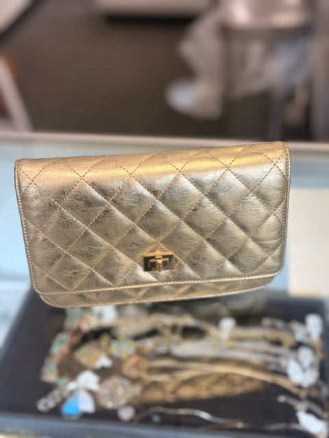 Chanel Metallic Gold Quilted Designer Bag W/ Dustbag