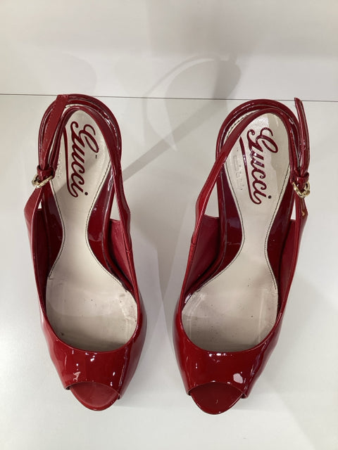 Sz 7 Gucci Red Slingback Heels Peep Toe Shoes
