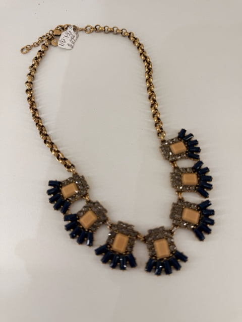 Pre Owned J Crew Gold Plated w/ Station Peach and Navy CZ faux stones Necklace.
