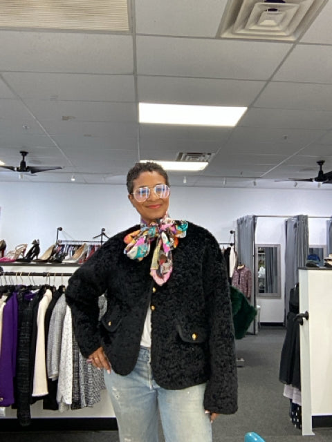 Chic Black Teddy Bear Faux Fur Jacket W Gold Buttons. Size M/L