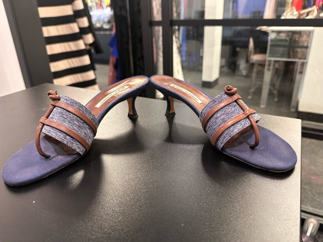 Manolo Blahnik Sz 39  Denim Kitten Heels Sandals Shoe