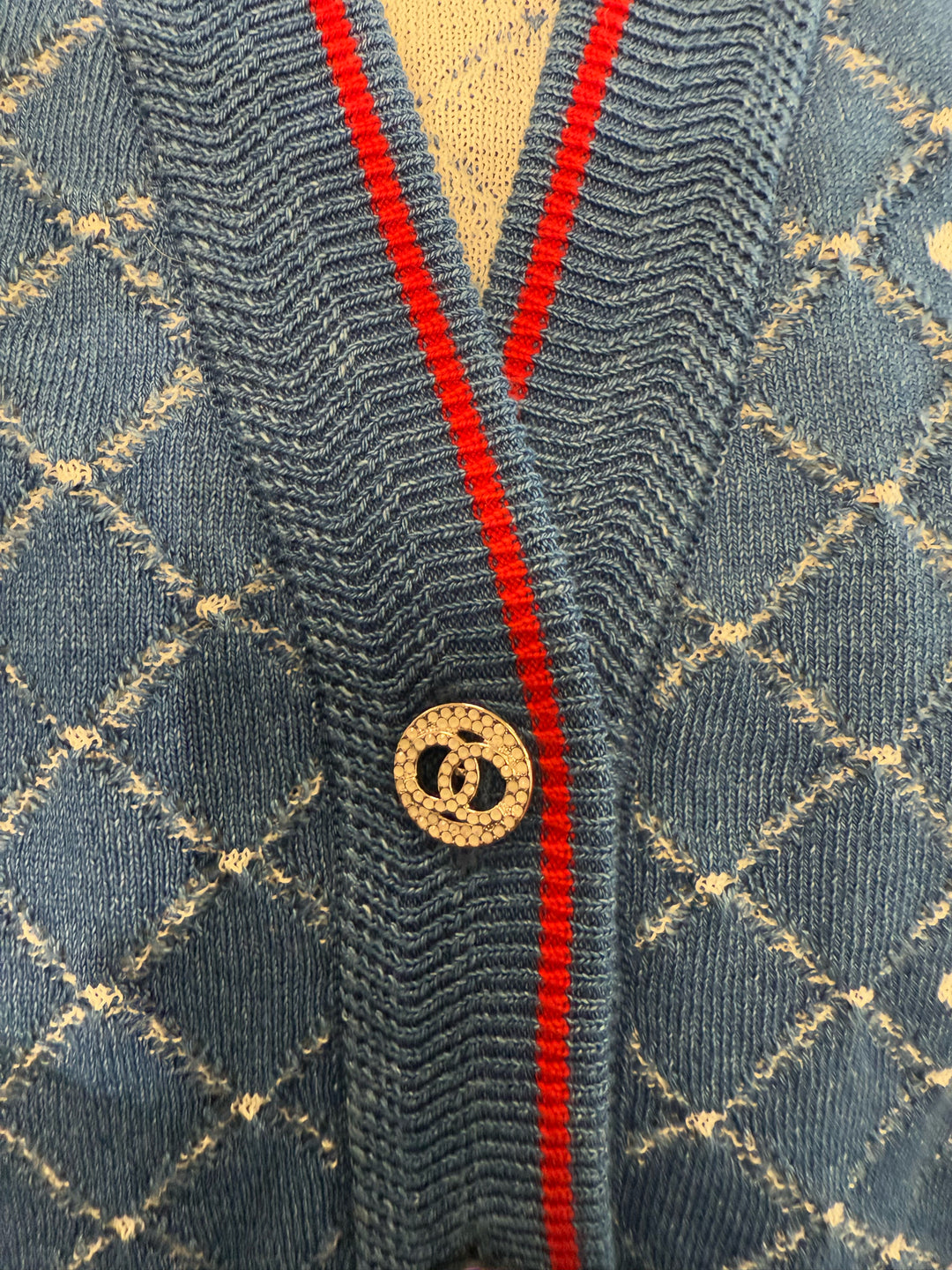 Chanel 20P Red Trim CC Rhinestone Buttons Cardigan Size 40