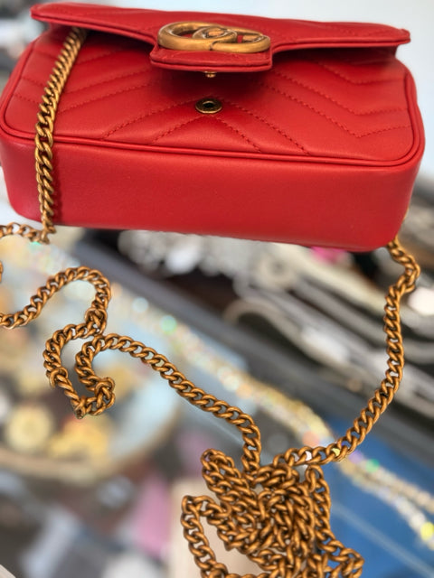 Gucci Red Calfskin Super Mini Marmont Flap w detachable Keychain Designer Bag