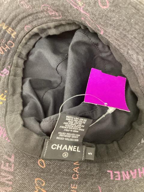 Chanel Bucket Hat denim black bucket multicolor writing Sz Small.