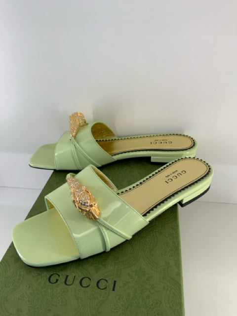 NIB Gucci Sz 36 Pistachio Leather w/ Regent Tiger Slides Shoes